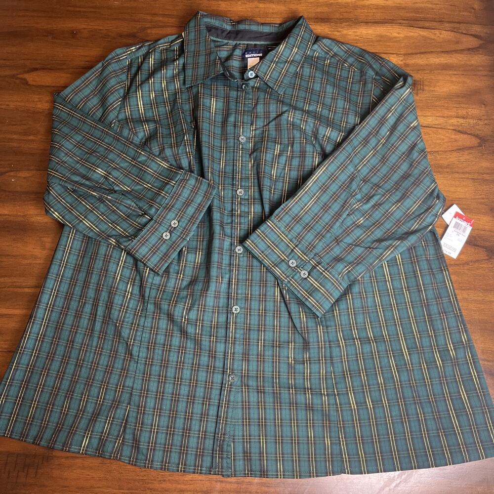 Basic Editions Green W/ Gold Pinstripes 3/4 Sleeve Blouse Sz 2X Tartan Holiday